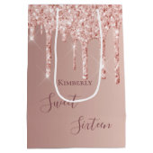 スウィート16th16誕生日バラ金ゴールドグリッター ミディアムペーパーバッグ (裏面)