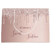 スウィート16th16誕生日バラ金ゴールドグリッター ラージペーパーバッグ (正面)