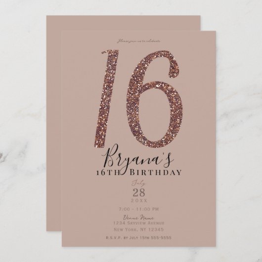 スウィート16th 16パーティーピンク赤面バラグリッター 招待状 (正面/裏面)