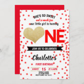 スウィート&おもしろいブラック赤いハートガールファースト誕生日 招待状 (正面/裏面)