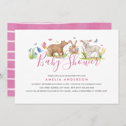 スウィート ウッドランド アニマル ベイビー シャワー 招待状 (正面/裏面)