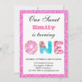 スウィート キャンディ ホット ピンク グリッター ファースト バースデー ワン 招待状 (正面)