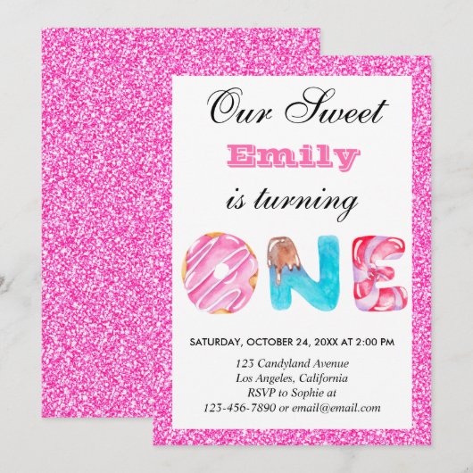 スウィート キャンディ ホット ピンク グリッター ファースト バースデー ワン 招待状 (正面/裏面)