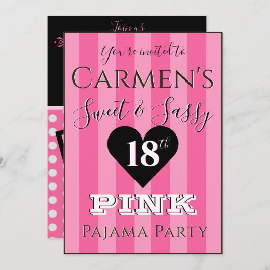 スウィート&サッシピンクパジャマパーティー写真 招待状 (正面/裏面)