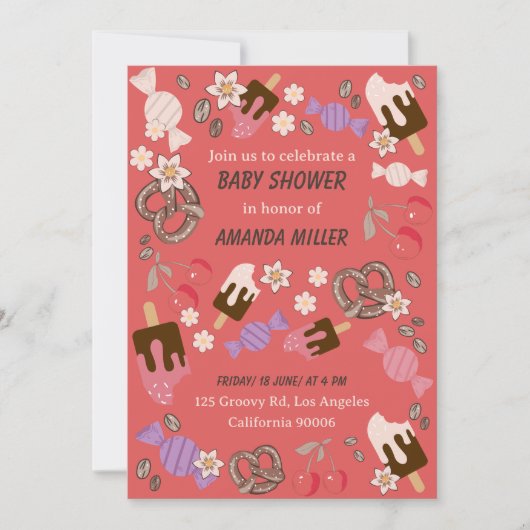 スウィート＆サルト ベイビーシャワー お菓子 赤い模様 招待状 (正面)