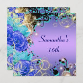 スウィート・シックスティーン ローズ・ジュエル・ブルー・エレガント 招待状 (正面/裏面)