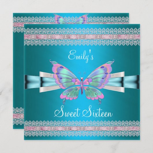 スウィート・シックスティーン 16 白 ティール 青 ピンク 蝶 招待状 (正面/裏面)