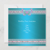 スウィート・シックスティーン 16 白 ティール 青 ピンク 蝶 招待状 (裏面)