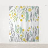 スウィート スプリグス ミント イエロー グレー フラワル タペストリー (正面)