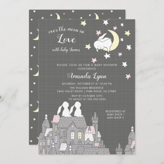 スウィート バニー ラブ ムーン ベイビー シャワーの招待状 招待状 (正面/裏面)