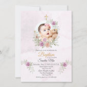 スウィート ピンク フローラル フォト 洗礼 招待状 (正面)