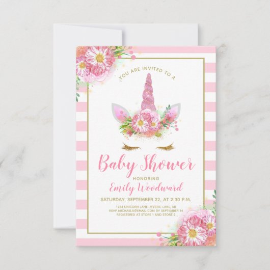 スウィート ピンク ユニコーン フェイス ベビー シャワー 招待状 (正面)