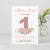 スウィート ピンク ローズ ゴールド グリッター 1歳の誕生日招待状 招待状 (スタンド正面)