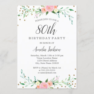スウィート フローラルスパークル コンフェッティ 80歳の誕生日パーティー 招待状