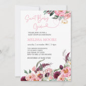 スウィート ベイビー ガール ボヘミアンブルー バーガンディ ピンク ブラッシュ フラワル 招待状 (正面)