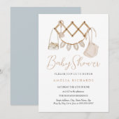 スウィート ボーホー ニュートラル ダスティーブルー ベイビーシャワー 招待状 (正面/裏面)