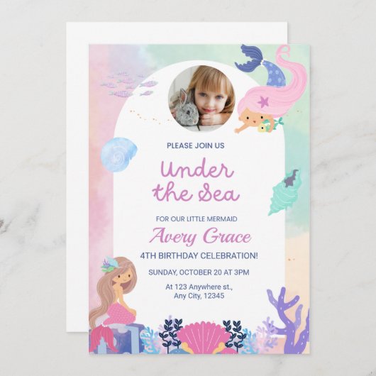 スウィート&マーメカラフルードテーマ誕生日 招待状 (正面/裏面)