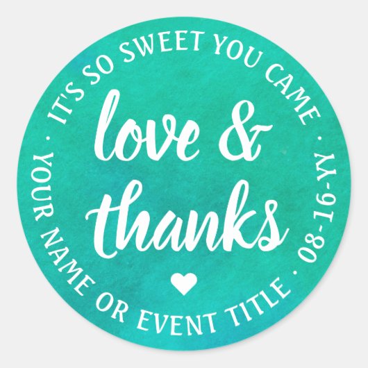 スウィート ラブ&サンクス スクリプト ブルー グリーン ウォーターカラー ラウンドシール (正面)