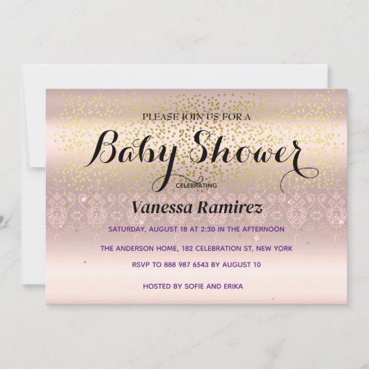 スウィート ローズゴールド ベイビー ギフト 招待状 (正面)