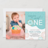 スウィート ワン ティール フロスティング フォト ガールの 1歳の誕生日 招待状 (正面)