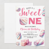 スウィート ワン ピンク マシュマロ 1歳の誕生日招待状 招待状 (正面/裏面)