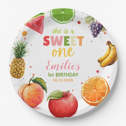 スウィート ワン フルーツ 1歳の誕生日パーティー サマーパーティー ペーパープレート (正面)