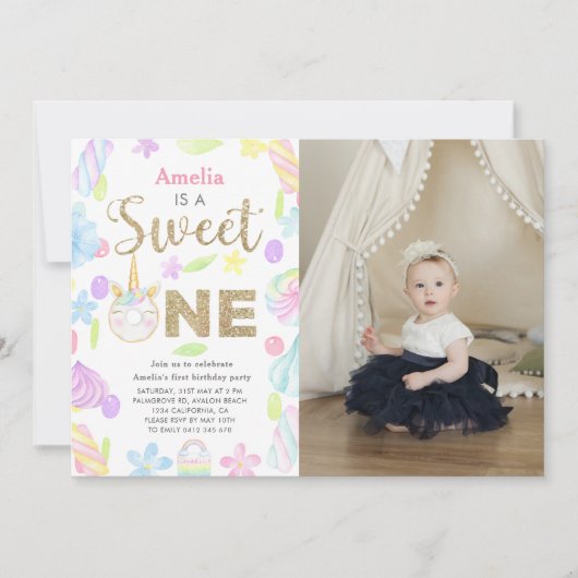 スウィート ワン ユニコーン ドーナツ フォト 1歳 誕生日 招待状 (正面)