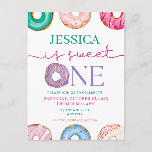 スウィート・ワン 水彩ドーナツ 1歳の誕生日 ポストカード (正面)