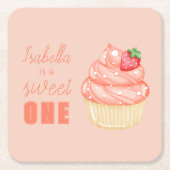 スウィートONE、ピンクの女の子の最初の誕生日パーティー スクエアペーパーコースター (正面)