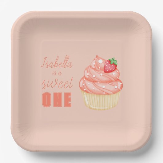 スウィートONE、ピンクの女の子の最初の誕生日パーティー ペーパープレート (正面)