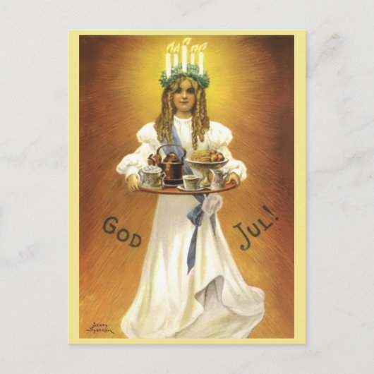 スウェーデンのクリスマスガールがろうそくリースを頭に灯 ポストカード (正面)