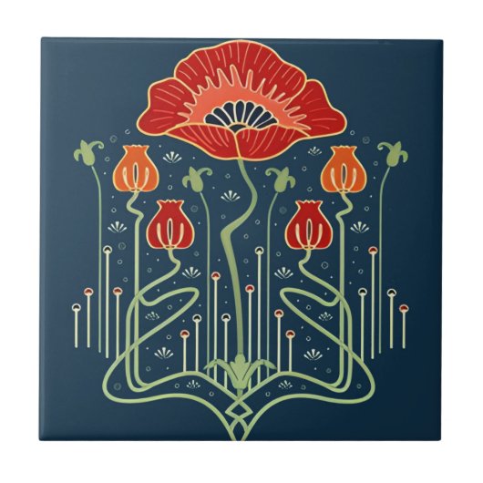 スウェーデンのタイルのオレンジ色の青い花 タイル (正面)