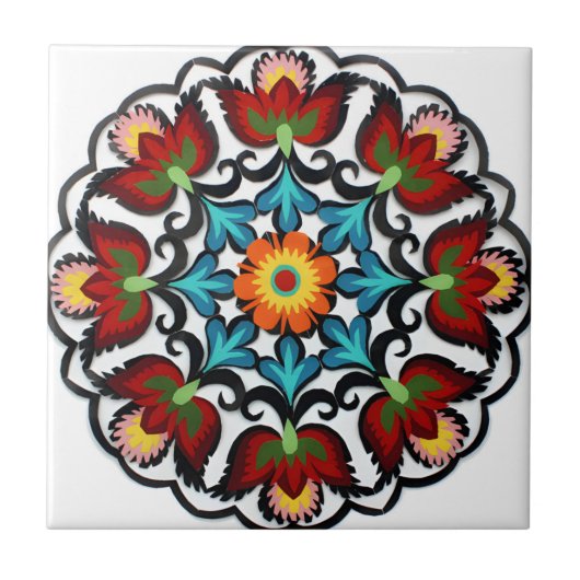 スウェーデンのタイル古代スタイル赤い花 タイル (正面)