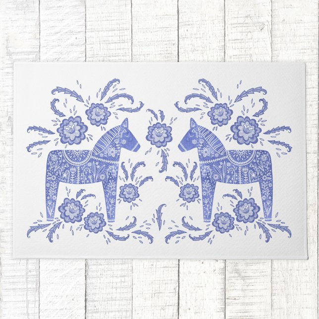 スウェーデンのダラホースブルーとホワイトドルマット ドアマット (Swedish Dala Horse folk art blue and white doormat)