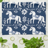 スウェーデンのダラ馬フォークアートパターンブルーホワイト キッチンタオル (折り畳み)