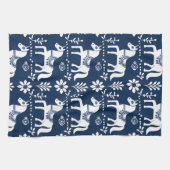 スウェーデンのダラ馬フォークアートパターンブルーホワイト キッチンタオル (横)