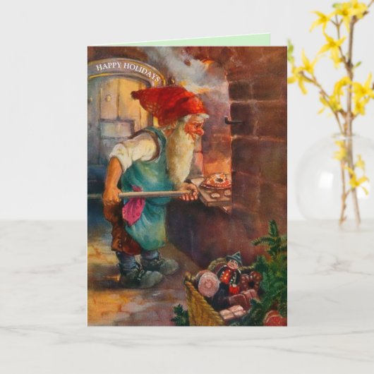 スウェーデンのトムテンまたはエルフのクッキー職人クリスマス カード (黄色い花)