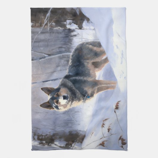 スウェーデンのバルフンドが雪のクリスマスを過ごす キッチンタオル (縦)