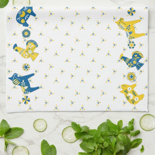 スウェーデンのフォークダラファームアニマルズLブルーとイエロー キッチンタオル (折り畳み)