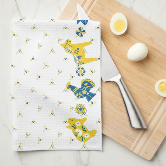 スウェーデンのフォークダラファームアニマルズLブルーとイエロー キッチンタオル (四つ折り)