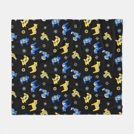 スウェーデンのフォークダラファームアニマルズLブルーとイエロー フリースブランケット (正面(横))