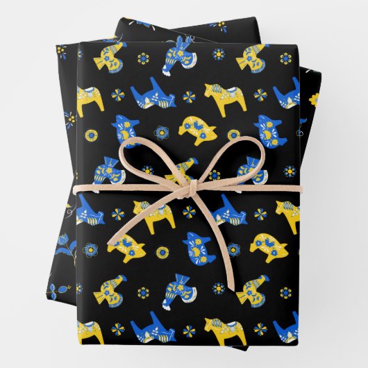 スウェーデンのフォークダラファームアニマルズLブルーとイエロー ラッピングペーパーシート (インサイチュ)