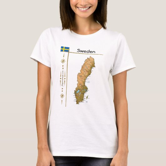 スウェーデンの地図と国旗とタイトルTシャツ Tシャツ (正面)