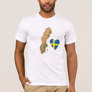スウェーデンの旗のハートおよび地図のTシャツ Tシャツ
