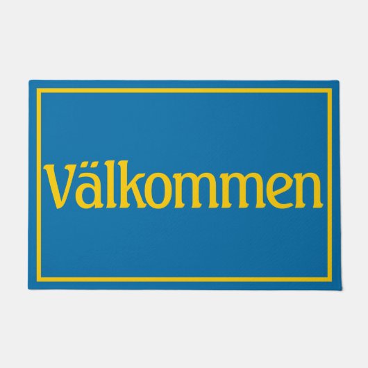 スウェーデンの旗の色で書かれたVälkommen Welcome ドアマット (正面)