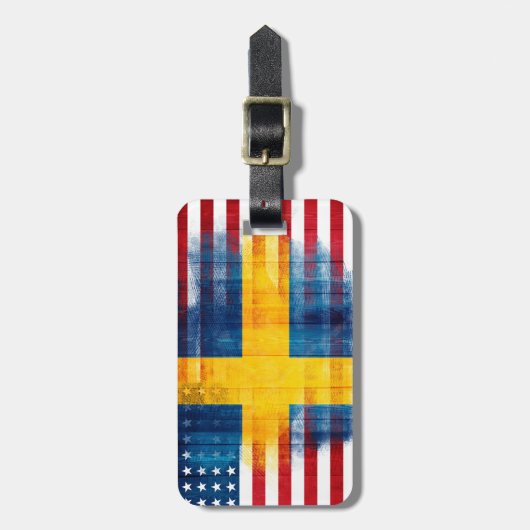 スウェーデンの米国旗|の木製の穀物|の一流の住所 ラゲッジタグ (正面縦)
