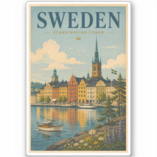 スウェーデンの風景イラスト 旅行アート ヴィンテージ シール
