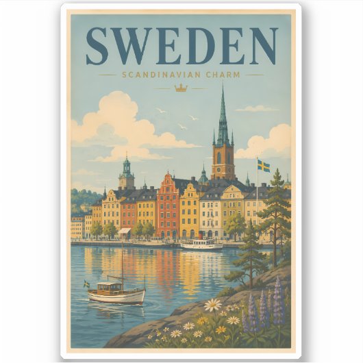 スウェーデンの風景イラスト 旅行アート ヴィンテージ シール (正面)