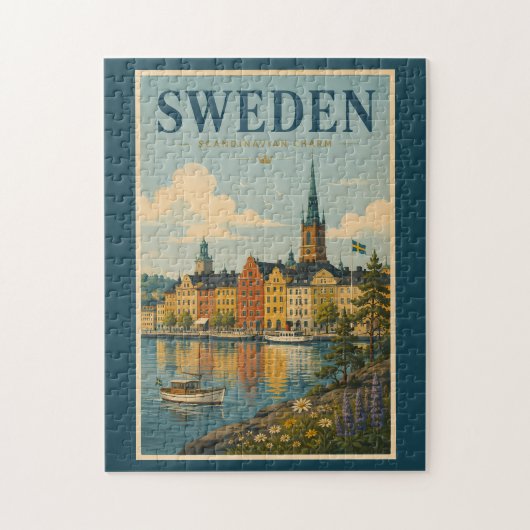 スウェーデンの風景イラスト 旅行アート ヴィンテージ ジグソーパズル (縦)