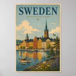 スウェーデンの風景イラスト 旅行アート ヴィンテージ ポスター